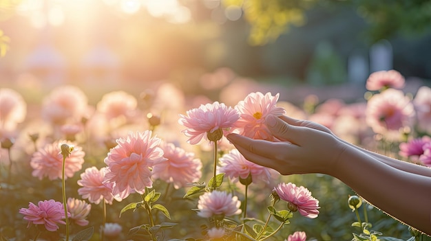 Foto una foto di una mano che tiene uno sfondo di giardino lussureggiante di fiori delicati