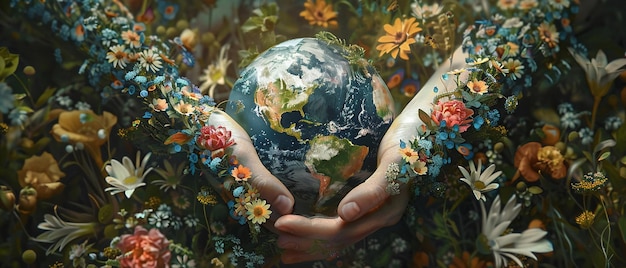 A photo of a hand holding the Earth in front of a meadow of flowers