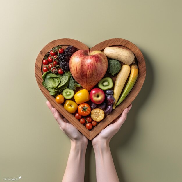 Foto foto di una mano che tiene cibo sano a forma di cuore di legno su uno sfondo isolato