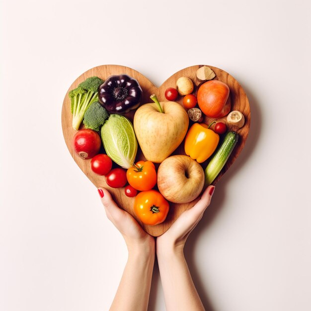 Photo hand holding healthy food shaped wooden heart on isolated background