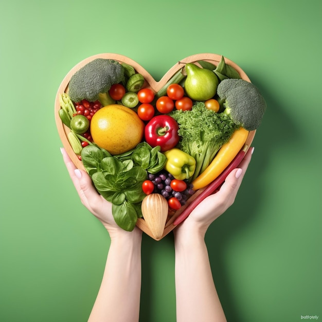 Foto foto di una mano che tiene cibo sano a forma di cuore di legno su uno sfondo isolato