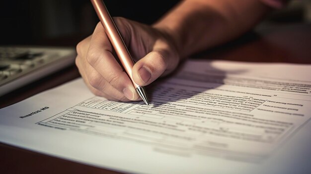 A photo of a hand holding a pen writing on a tax return form