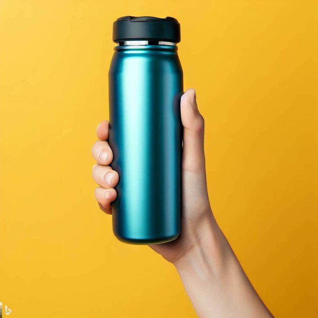 photo hand holding thermos mockup on yellow background