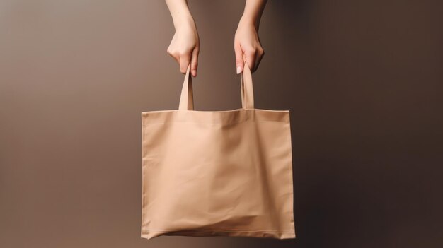 a photo of a hand holding tote bag mock up on brown background with copy space