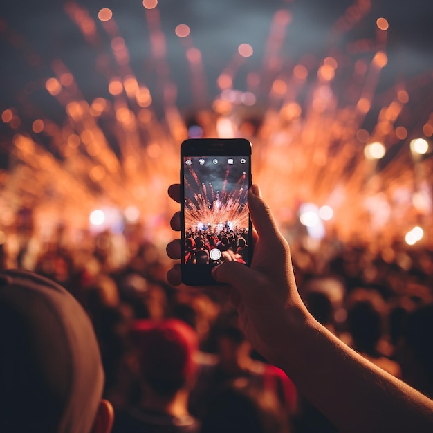 A photo of Hand with a phone records live music festival people taking photographs with smart phone