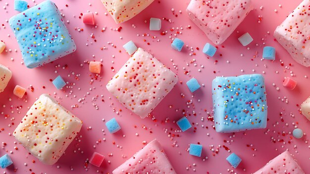 Photo of handcrafted marshmallows with artisanal flavors and playful banner ads design layout art