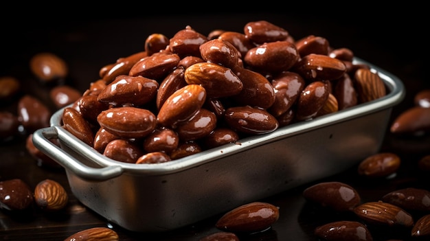 A photo of a handful of chocolatecovered almonds in a snacksized container