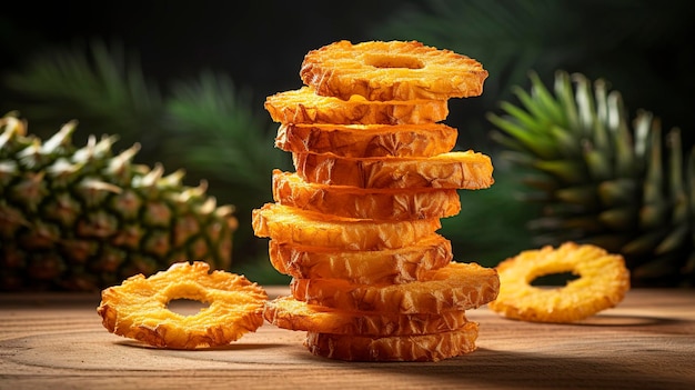 A photo of a handful of dried pineapple rings