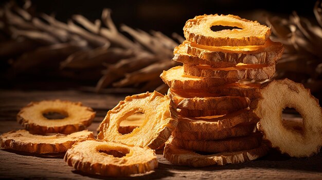 A photo of a handful of dried pineapple rings