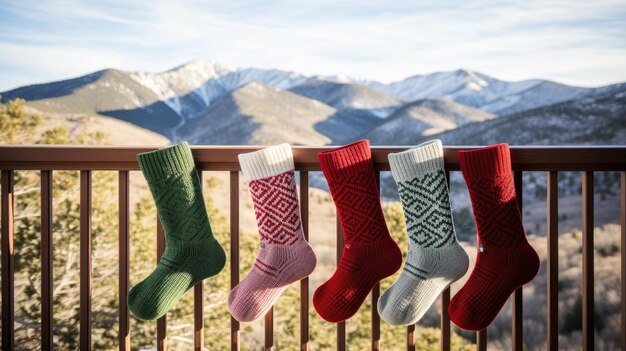 A photo of handknit Christmas stockings hanging on a wooden porch railing snowy mountain backdrop