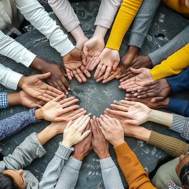 Foto foto mani a forma di cuore di un gruppo felice di multinazionali africani latinoamericani