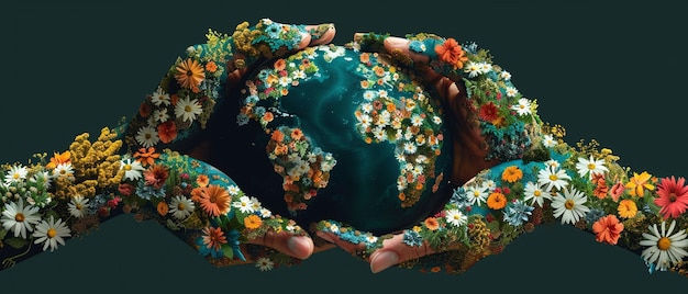 Photo a photo of hands holding the earth with flowers growing on the hands and the earth