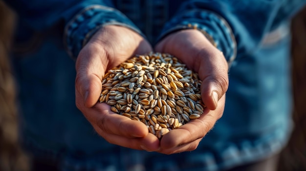 Photo of hands holding grains focus on the texture and color of wheat