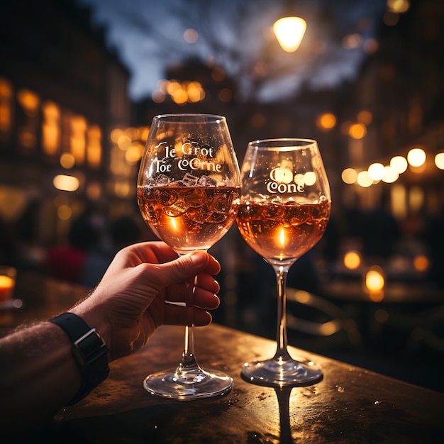 photo of Hands toasting with glasses of cognec blur background with light real picture