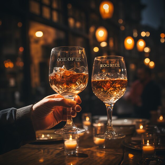 photo of Hands toasting with glasses of cognec blur background with light real picture