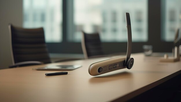 A photo of a handsfree device in an office meeting room