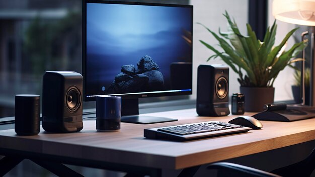 Photo a photo of handsfree earphones and desktop speakers in office