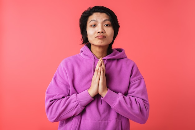 Photo of handsome asian guy wearing sweatshirt holding palms together for pray isolated over red wall