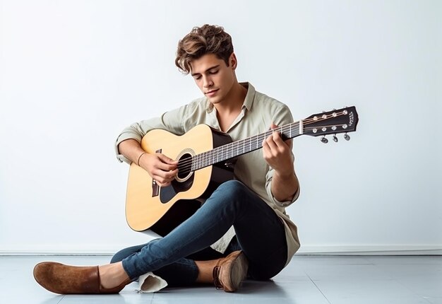 Photo of handsome boy man playing guitar