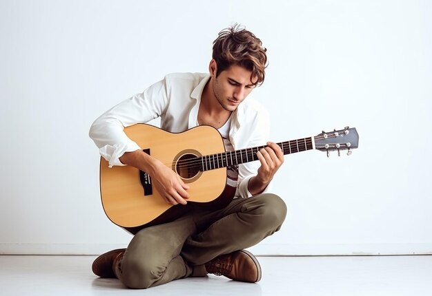 Photo of handsome boy man playing guitar