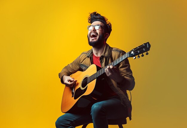 Photo of handsome boy man playing guitar