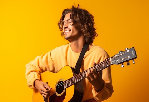 Photo of handsome boy man playing guitar