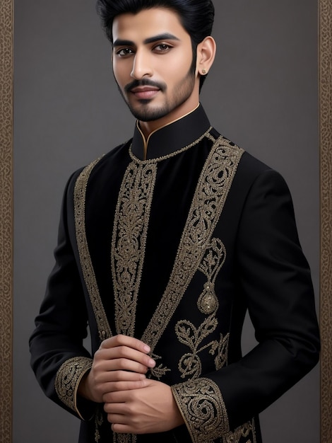 Foto foto di un bel ragazzo che indossa uno sherwani nero per le nozze