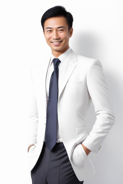 фото красивый и дружелюбный азиатский бизнесмен улыбается в строгом костюме на белом фоне