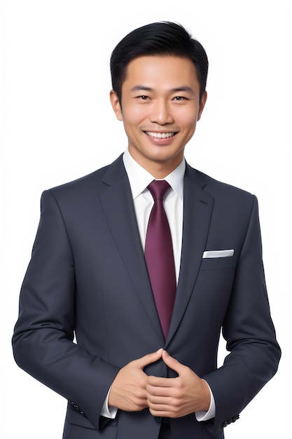 photo handsome and friendly asian business man smile in formal suit on white background