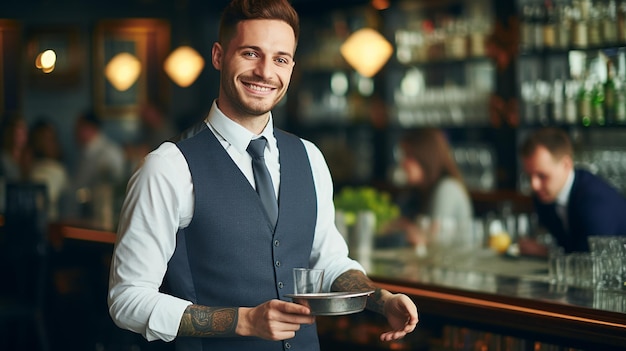 Фотография красивого счастливого молодого официанта с подносом для стаканов с едой и напитками