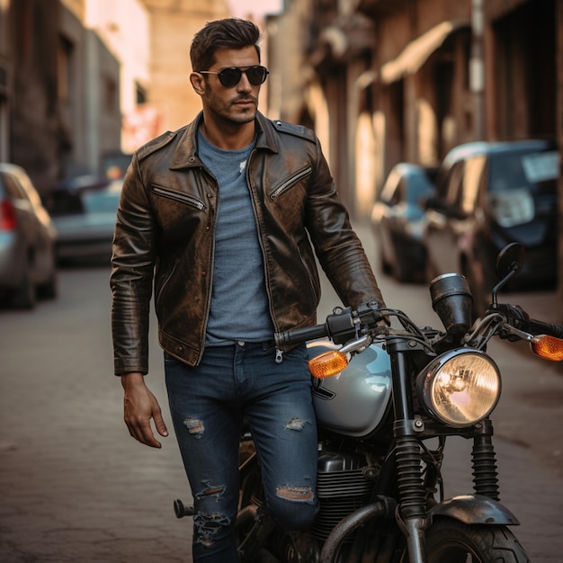 Photo photo handsome man biker travelling on mototrcycle