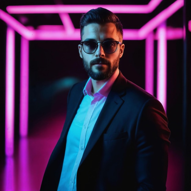 photo of handsome man with with mixed pink and blue neon light generative AI