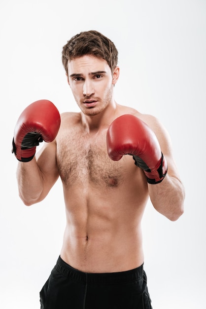 Photo of handsome strong man boxer standing over white wall. 