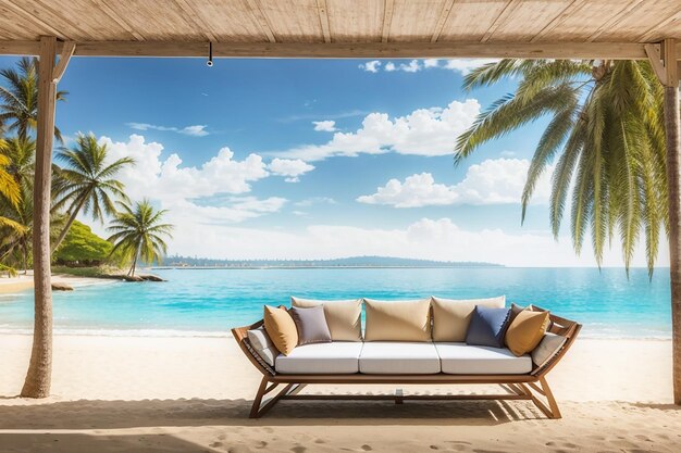 Фото висящий диван на песчаном пляже с видом на пальму и море