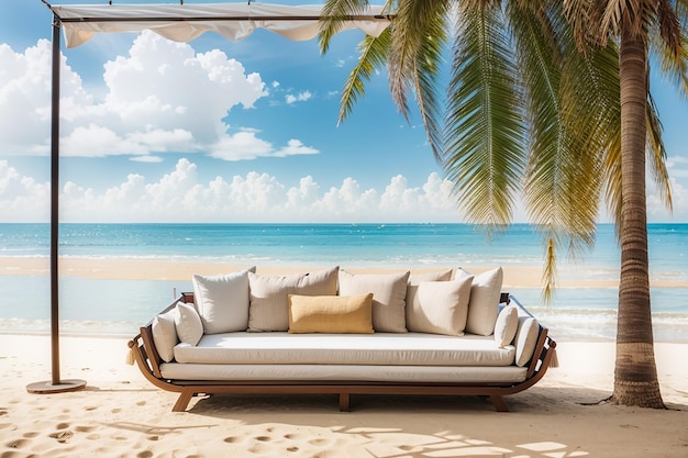 Photo hanging sofa on sand beach with palm ad sea view