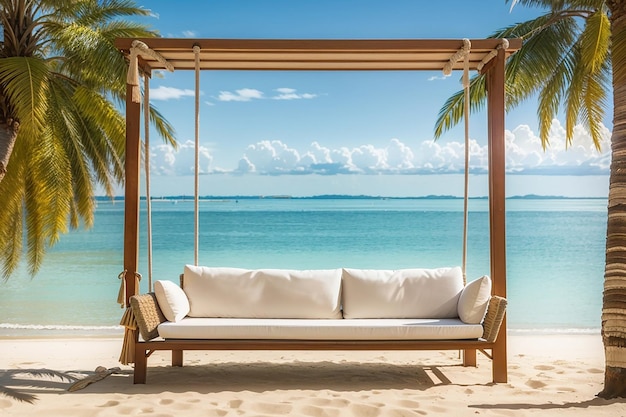 Photo hanging sofa on sand beach with palm and seaview