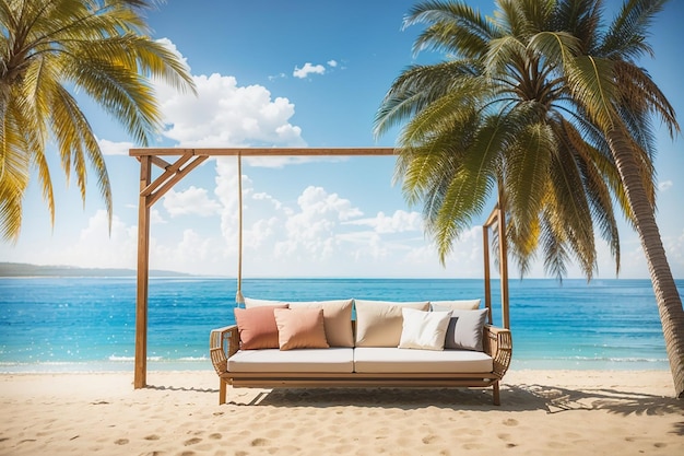 Photo hanging sofa on sand beach with palm and seaview