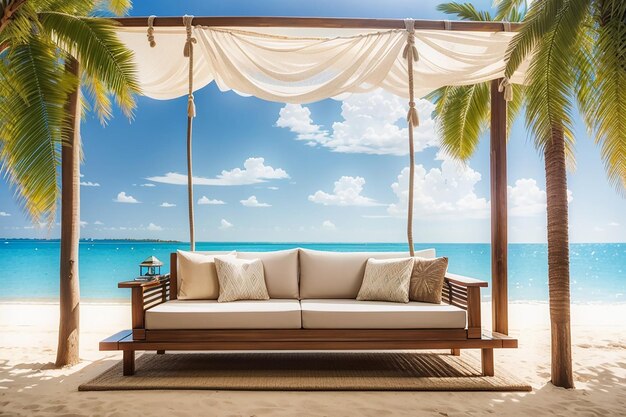 Photo hanging sofa on sand beach with palm and seaview