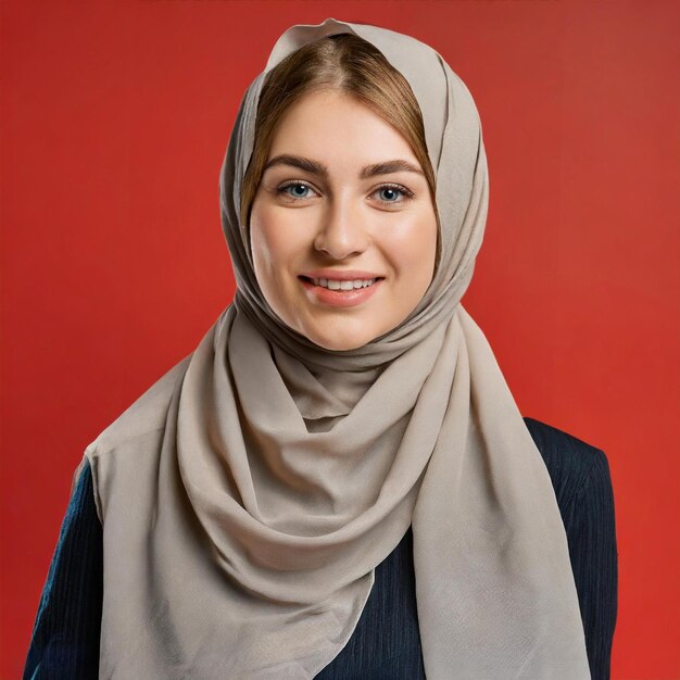 photo happy Arab woman with hijab portrait of smiling woman posing at red studio background