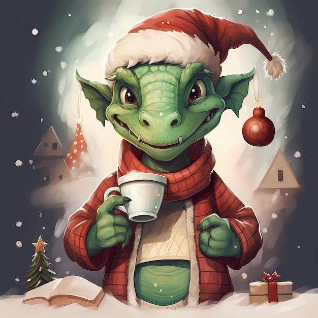 Photo happy baby green dragon christmas generative ai