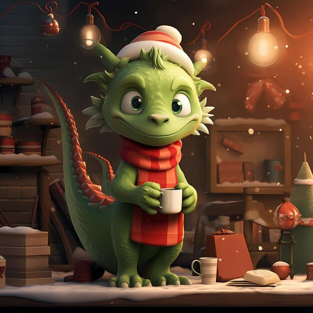 Photo happy baby green dragon christmas generative ai