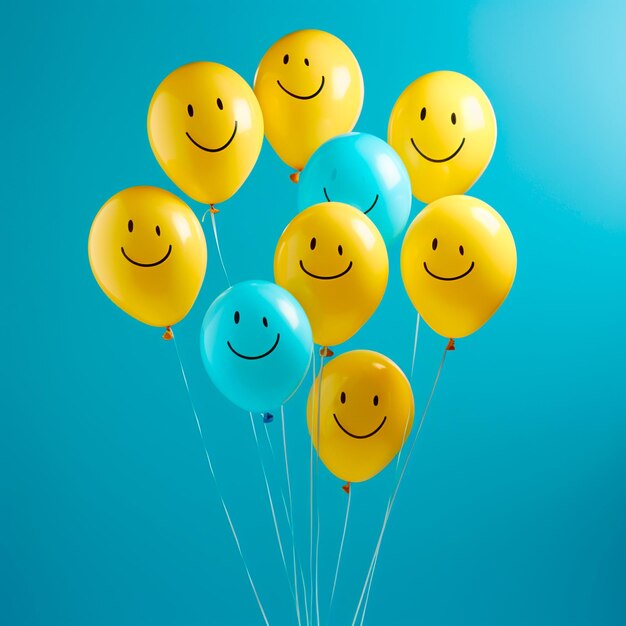 photo of happy balloon emojis with blue world smile day background