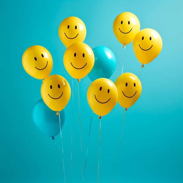 photo of happy balloon emojis with blue world smile day background