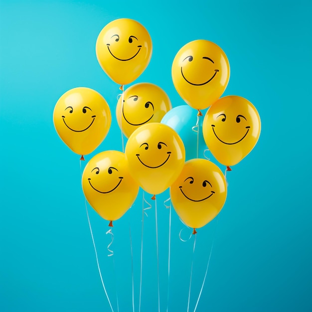 photo of happy balloon emojis with blue world smile day background