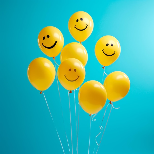 photo of happy balloon emojis with blue world smile day background