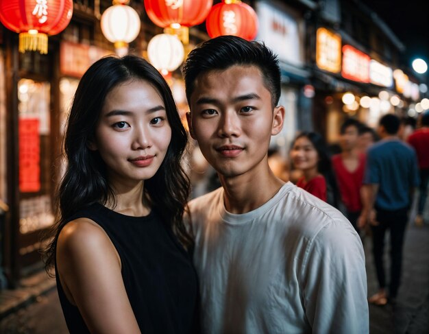 photo of happy beautiful young teenage lover couple asian at chinatown street at night generative AI