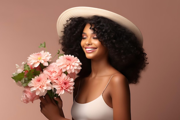 Photo of a happy black woman on studio background and copy space