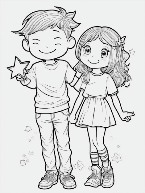 Photo a photo of happy boy and girl holding a star line art ai generated