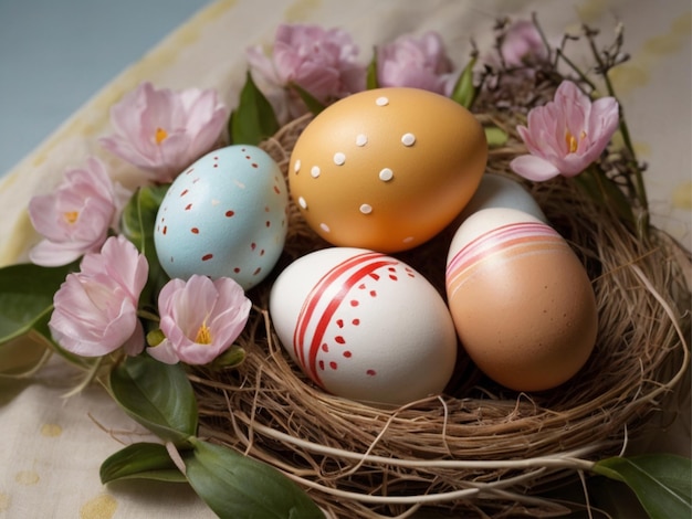 photo happy bunny with many easter eggs on grass festive background for decorative design