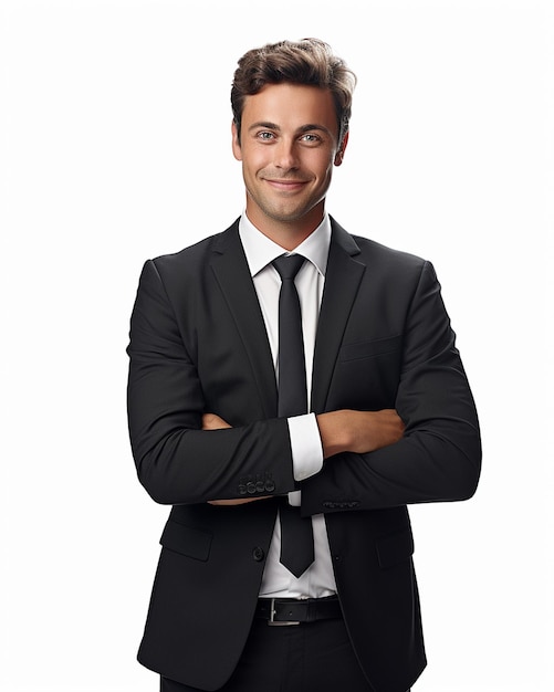 白い背景に分離された腕を組んで立っている写真幸せなビジネスマン